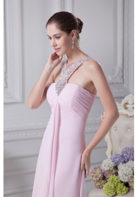 V-neck Baby Pink Empire Beading Long Prom Dress