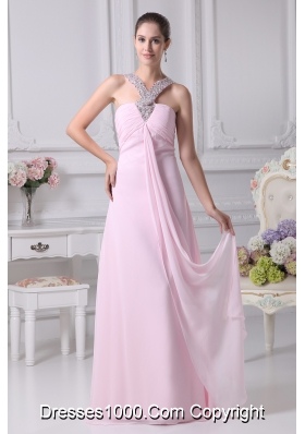V-neck Baby Pink Empire Beading Long Prom Dress