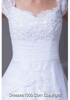 V-neck Caps Sleeves Lace Court Train A-line Wedding Dress