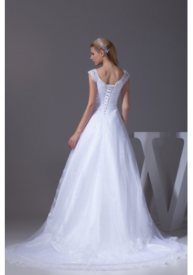 V-neck Caps Sleeves Lace Court Train A-line Wedding Dress