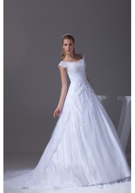 V-neck Caps Sleeves Lace Court Train A-line Wedding Dress