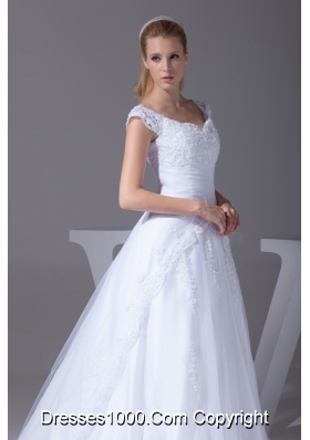 V-neck Caps Sleeves Lace Court Train A-line Wedding Dress