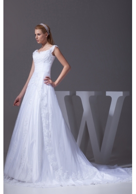 V-neck Caps Sleeves Lace Court Train A-line Wedding Dress