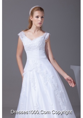 V-neck Caps Sleeves Lace Court Train A-line Wedding Dress