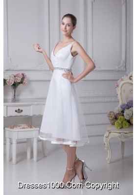 V-neck Knee-length Beading A-line Wedding Dress