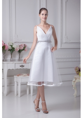 V-neck Knee-length Beading A-line Wedding Dress