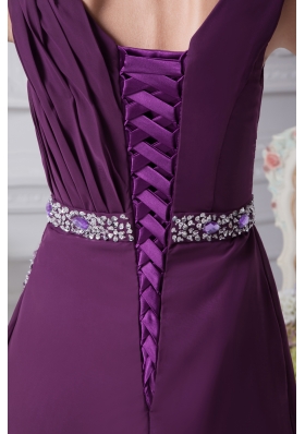 V-neck Watteau Train Dark Purple Empire Prom Dress