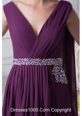 V-neck Watteau Train Dark Purple Empire Prom Dress