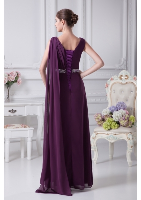 V-neck Watteau Train Dark Purple Empire Prom Dress