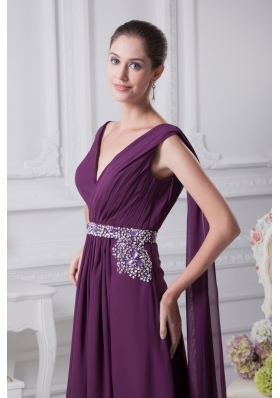 V-neck Watteau Train Dark Purple Empire Prom Dress