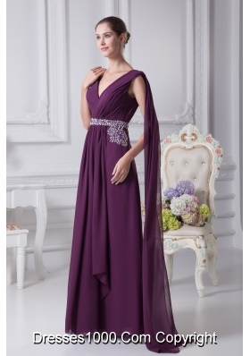 V-neck Watteau Train Dark Purple Empire Prom Dress