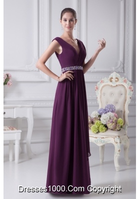 V-neck Watteau Train Dark Purple Empire Prom Dress