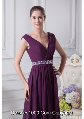 V-neck Watteau Train Dark Purple Empire Prom Dress