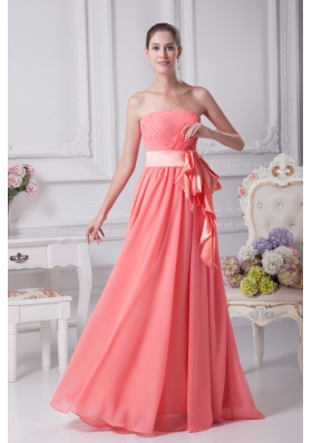 Watermelon Sash Strapless Empire Long Prom Dress