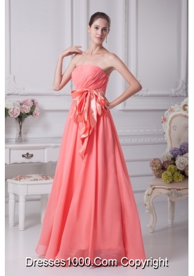 Watermelon Sash Strapless Empire Long Prom Dress