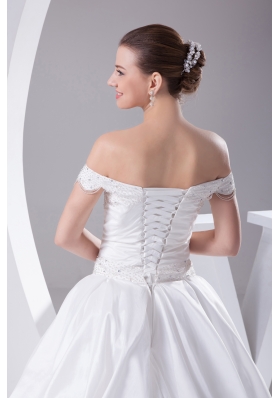 A-Line Beading Off The Shoulder Court Train 2013 Wedding Dress