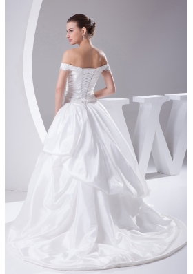 A-Line Beading Off The Shoulder Court Train 2013 Wedding Dress