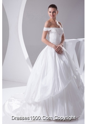 A-Line Beading Off The Shoulder Court Train 2013 Wedding Dress