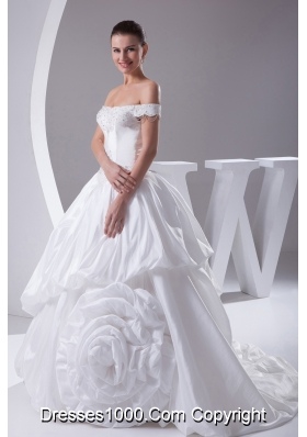 A-Line Beading Off The Shoulder Court Train 2013 Wedding Dress