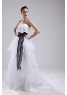 A-Line Sash Strapless Court Train Cheap Wedding Dress