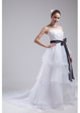 A-Line Sash Strapless Court Train Cheap Wedding Dress