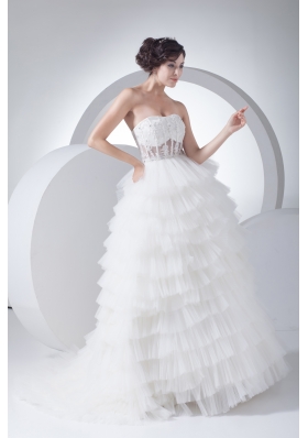 A-Line Strapless Court Train Ruffles Layered 2013 Wedding Dress