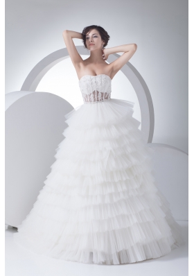 A-Line Strapless Court Train Ruffles Layered 2013 Wedding Dress