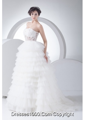 A-Line Strapless Court Train Ruffles Layered 2013 Wedding Dress