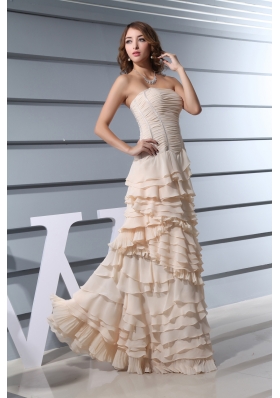 A-Line Strapless Ruffled Layers long 2013 Prom Dress in Champagne