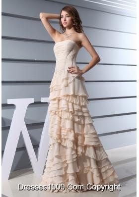 A-Line Strapless Ruffled Layers long 2013 Prom Dress in Champagne