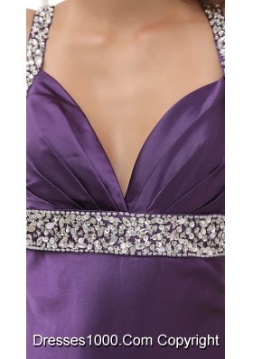 Beaded Decorate Shoulder Halter Top Prom Dress With Cross Criss Back