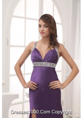 Beaded Decorate Shoulder Halter Top Prom Dress With Cross Criss Back