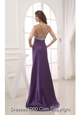 Beaded Decorate Shoulder Halter Top Prom Dress With Cross Criss Back