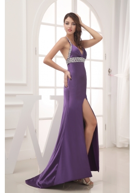 Beaded Decorate Shoulder Halter Top Prom Dress With Cross Criss Back