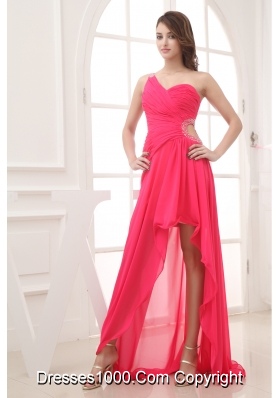 Beading Hot Pink Empire High-low One Shoulder Prom Dress