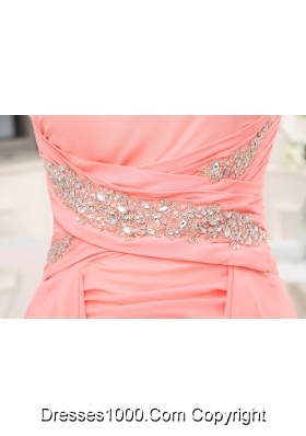 Beading Watermelon Brush Train One Shoulder Column Prom Dress