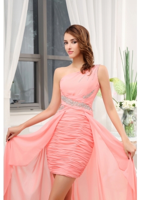 Beading Watermelon Brush Train One Shoulder Column Prom Dress