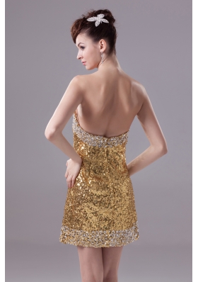 Column Gold Strapless Short Sequin Prom Dress