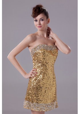 Column Gold Strapless Short Sequin Prom Dress