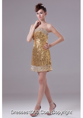 Column Gold Strapless Short Sequin Prom Dress