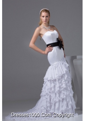 Column Sweetheart Sash Ruffles Wedding Dress