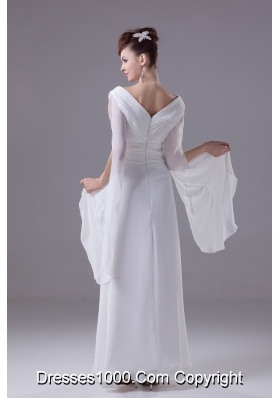 Column V-neck Hand Made Flower Ruching Wedding Dress