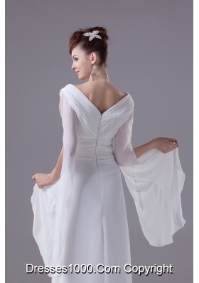 Column V-neck Hand Made Flower Ruching Wedding Dress