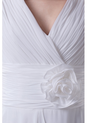 Column V-neck Hand Made Flower Ruching Wedding Dress