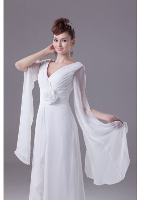 Column V-neck Hand Made Flower Ruching Wedding Dress