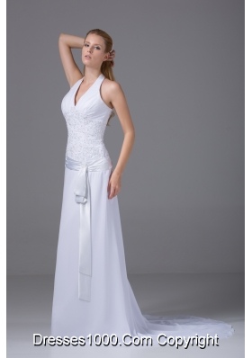 Halter Top Column Chiffon Appliques And Ruch Wedding Dress