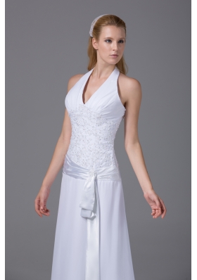 Halter Top Column Chiffon Appliques And Ruch Wedding Dress