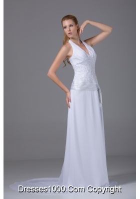 Halter Top Column Chiffon Appliques And Ruch Wedding Dress