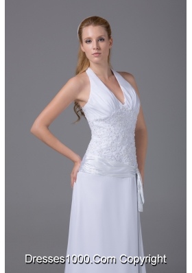 Halter Top Column Chiffon Appliques And Ruch Wedding Dress