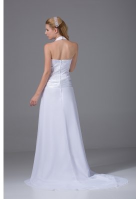 Halter Top Column Chiffon Appliques And Ruch Wedding Dress